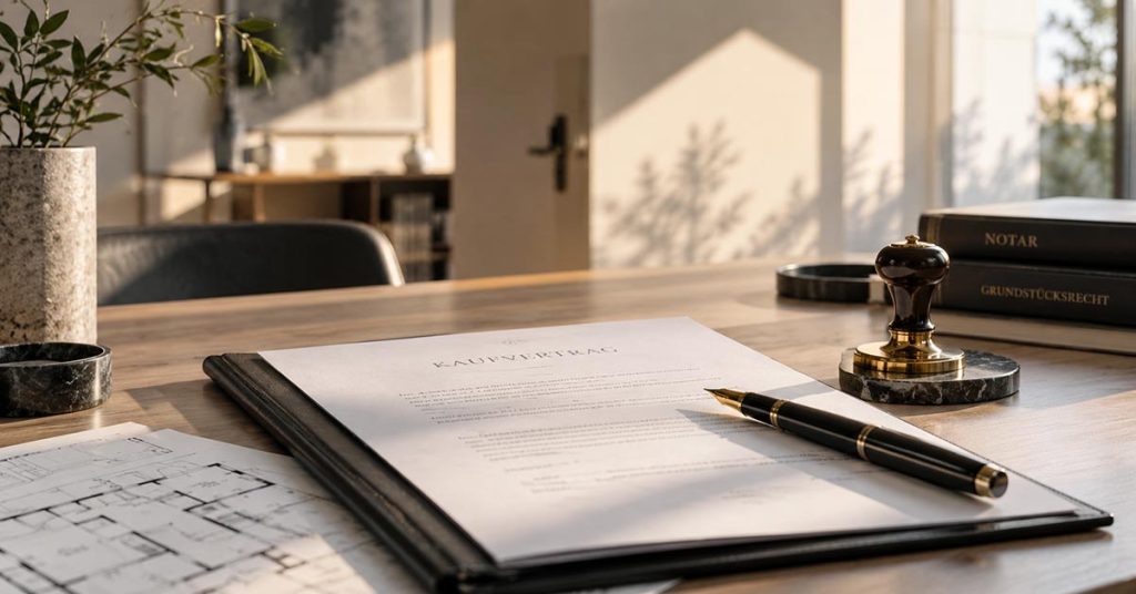 Kaufvertrag für eine Immobilie mit Füllfederhalter und Notarstempel auf einem Schreibtisch – Vorbereitung auf den Notartermin beim Immobilienkauf. | Immobilienkauf